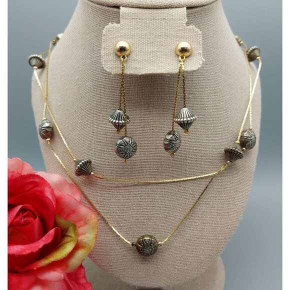 Vintage Gold Tone Cobra Chain Necklace & Earrings Set Silver Tone Bead Stations - Picture 1 of 11
